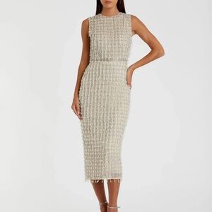 Mac Duggal Beige Sleeveless High neck beaded midi dress